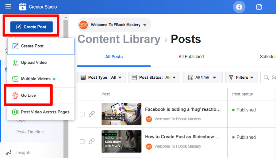 FBook Mastery - Go Live with browser