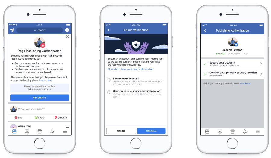 The new Facebook Page publishing authorization requires two-factor authentication from anyone who runs a page